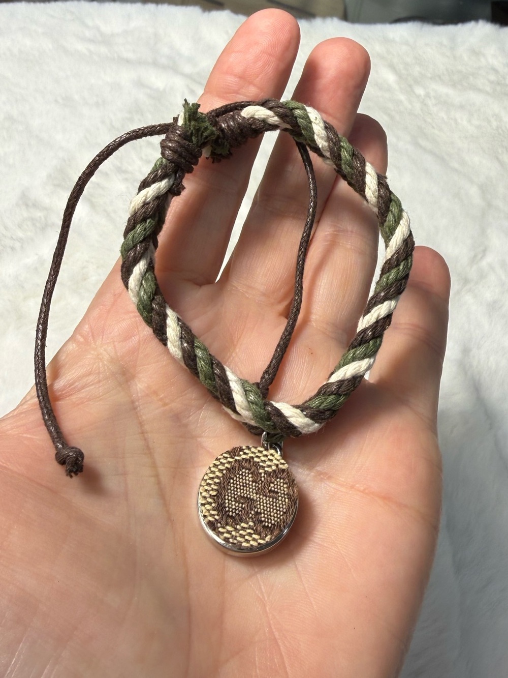 Gucci upcycled charm Brown Green & Cream Woven Bracelet with Signature Pendant